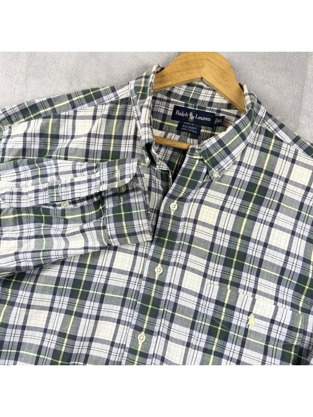 Polo Ralph Lauren Big Shirt Green Navy Plaid Button Down 100%Cotton Pony Logo XL